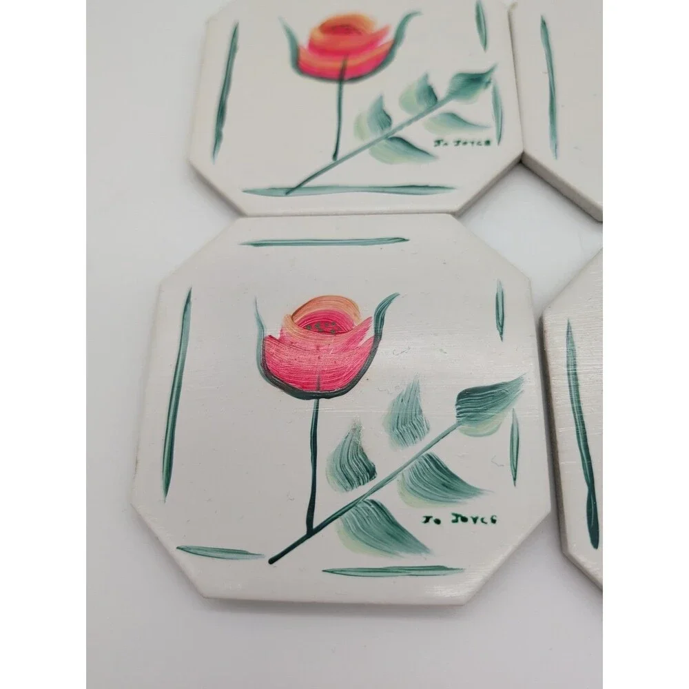 4 Vtg Jo Joyce Hand-painted Tile Coasters Rose Tulip Floral Grandma Core Cottage